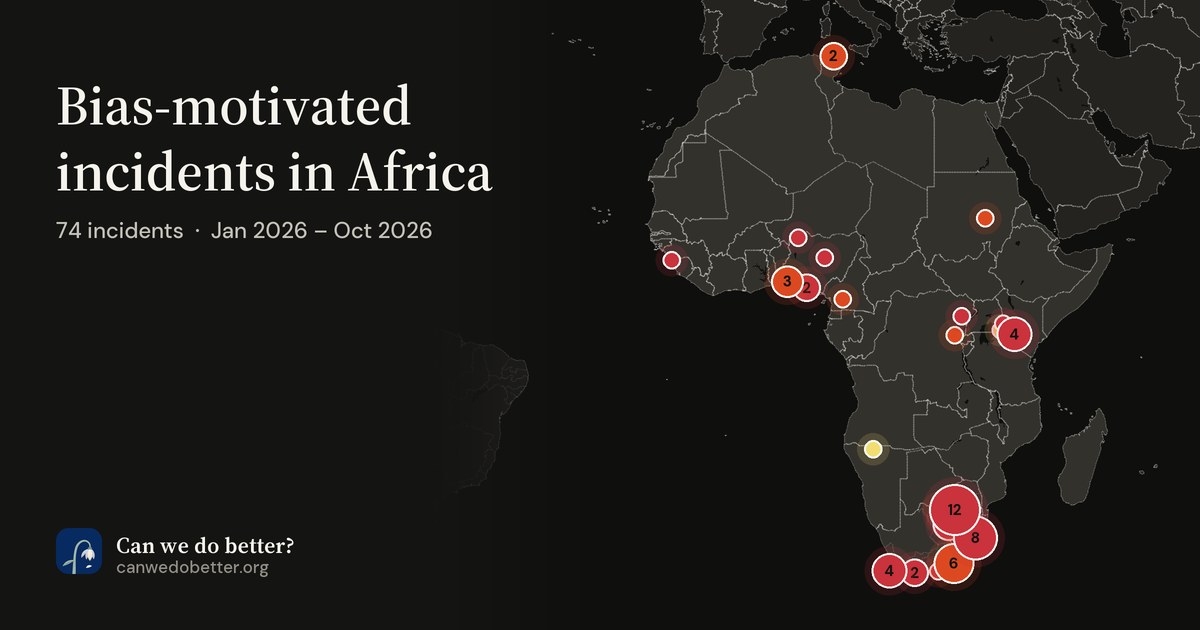 Bias-motivated incidents in Africa. 74 incidents  ·  Jan 2026 – Oct 2026; a map marks each place with a dot, coloured by its most severe incident.